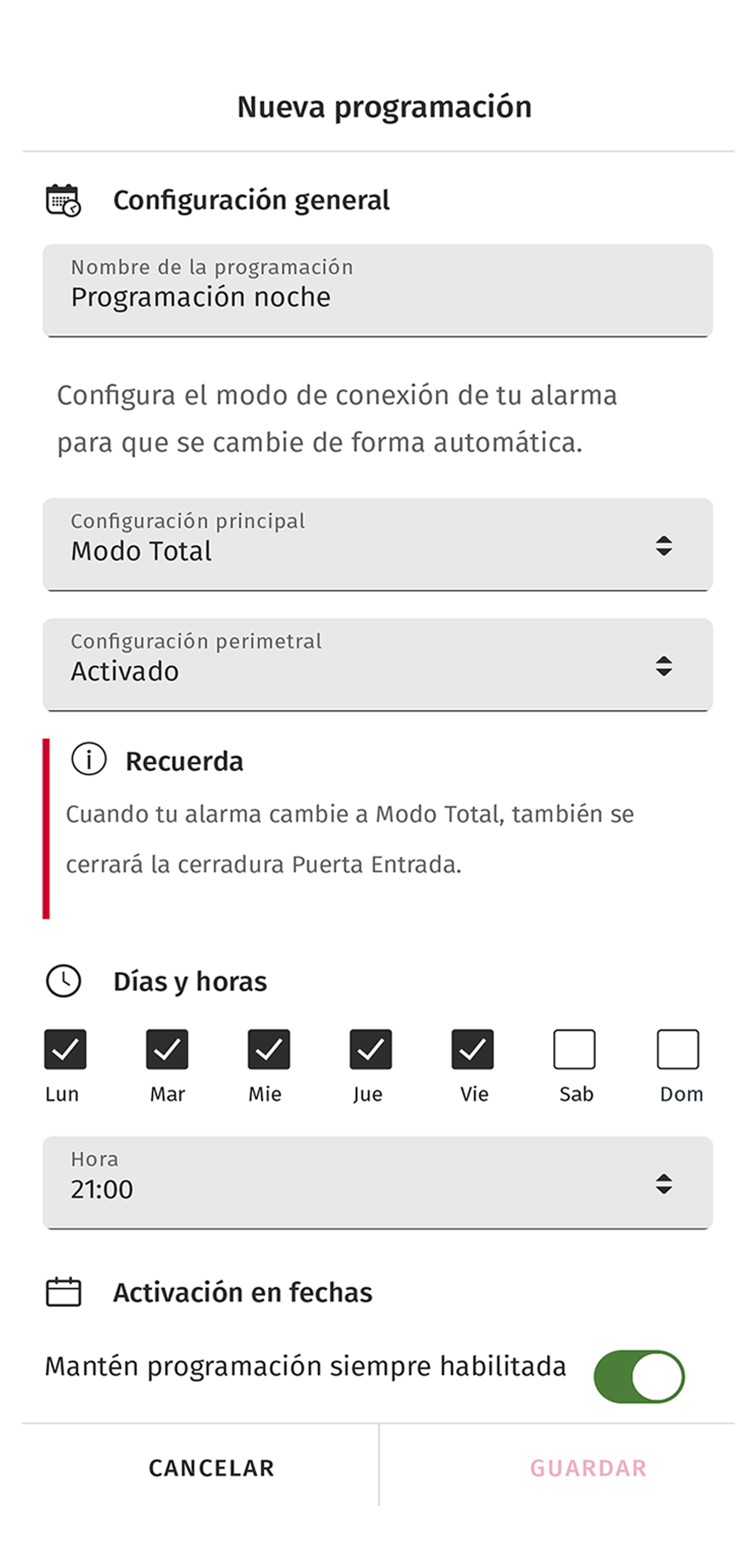 control alarma